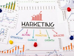 Graphs surrounding the word marketing with the subcategories strategy, action, change, promotion, growth, success