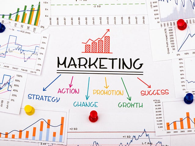 Graphs surrounding the word marketing with the subcategories strategy, action, change, promotion, growth, success