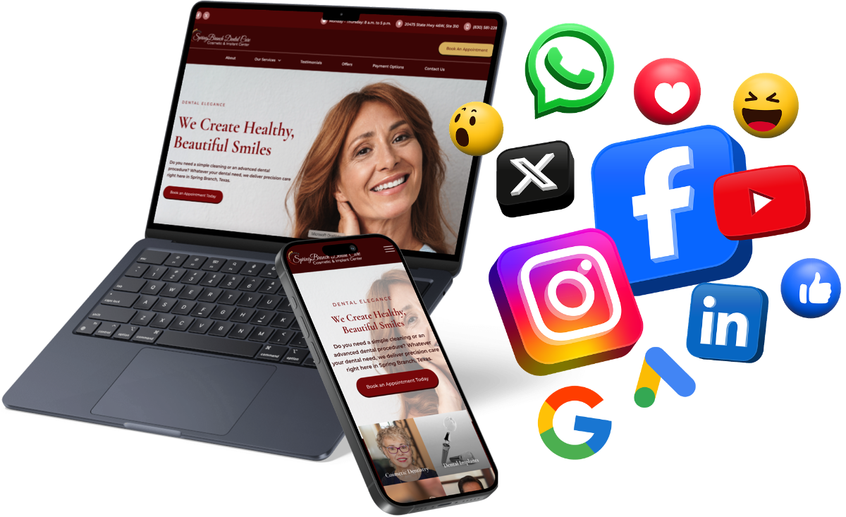 2 devices and social media icons